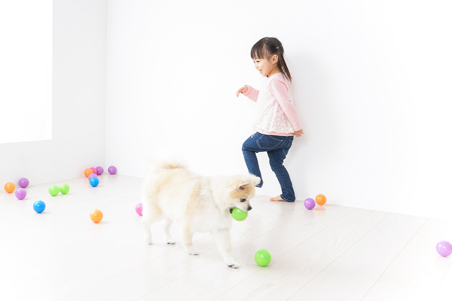 フローリング上で遊ぶ女の子と犬